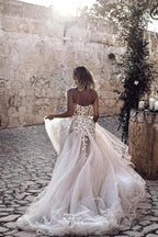 A-Line Sweetheart Sleeveless Sweep Train Tulle Wedding Dress WD295 by pgmdress