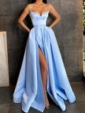 A-line Sweetheart Spaghetti Straps Satin Prom Dresses Long Formal Gowns with Slit by BIZTUNNEL