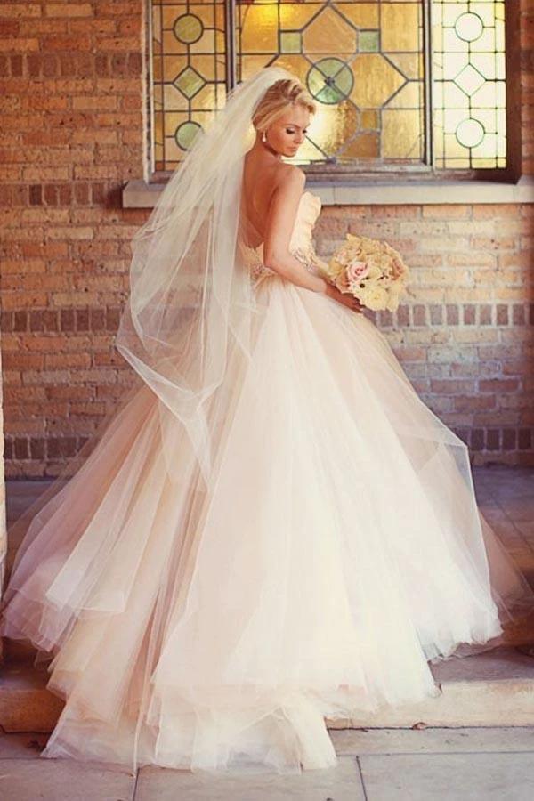 A-line Sweetheart Strapless Pink Long Tulle Wedding Dress WD235 by pgmdress