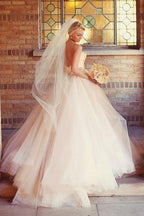 A-line Sweetheart Strapless Pink Long Tulle Wedding Dress WD235 by pgmdress