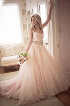 A-line Sweetheart Strapless Pink Long Tulle Wedding Dress WD235 by pgmdress