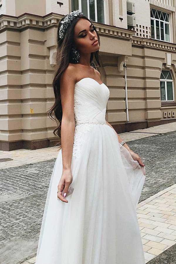A-Line Sweetheart Sweep Train Tulle Wedding Dress with Appliques WD268 by pgmdress
