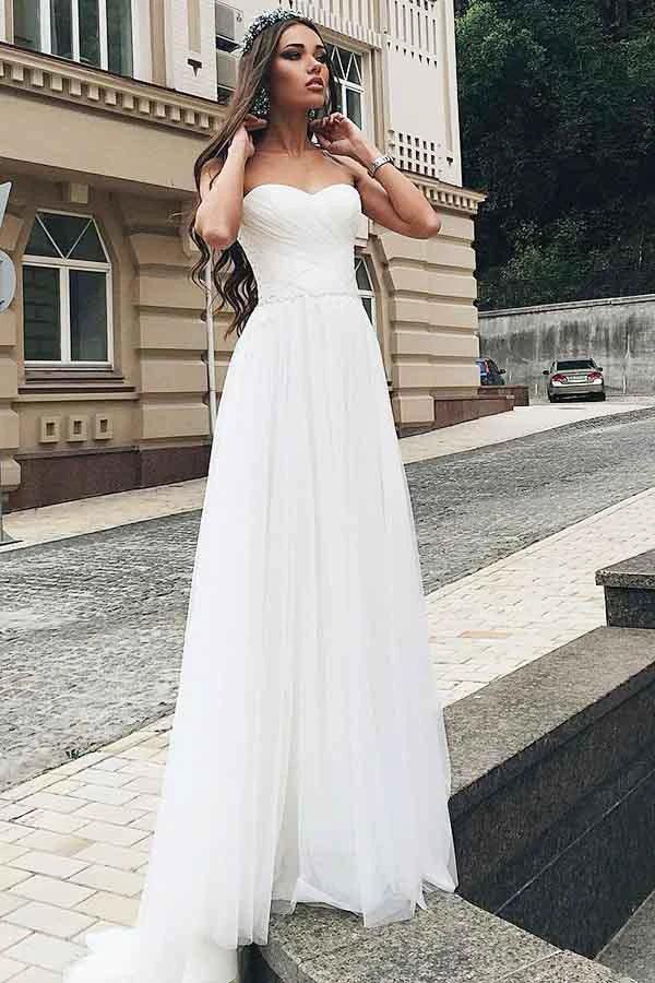 A-Line Sweetheart Sweep Train Tulle Wedding Dress with Appliques WD268 by pgmdress