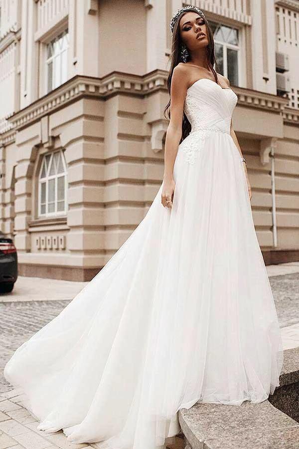 A-Line Sweetheart Sweep Train Tulle Wedding Dress with Appliques WD268 by pgmdress