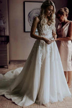 A-Line Sweetheart Sweep Train Wedding Dress with Appliques Beading WD393 by pgmdress