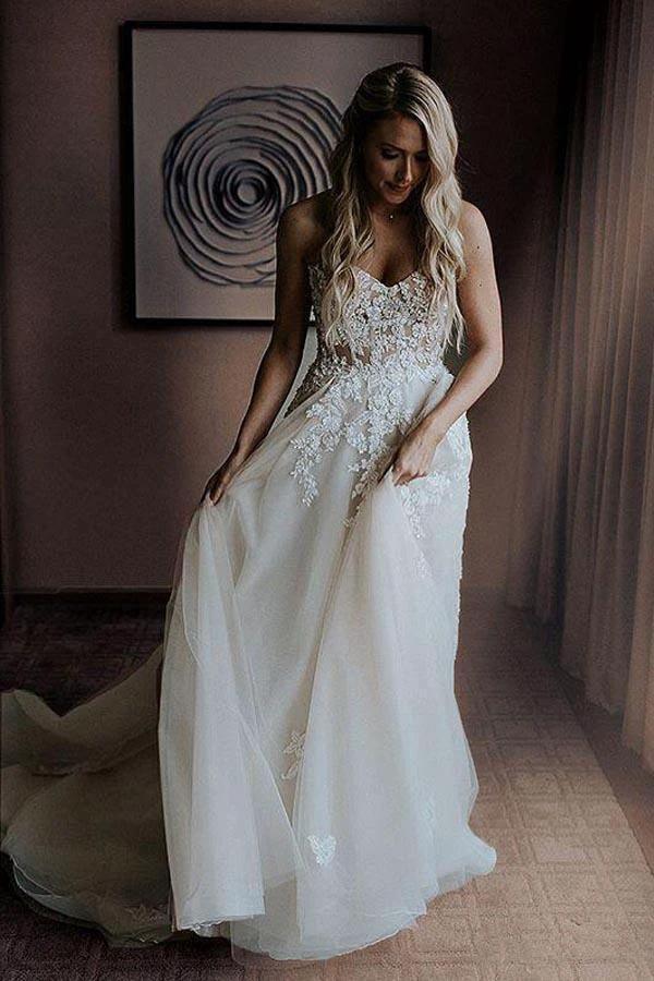 A-Line Sweetheart Sweep Train Wedding Dress with Appliques Beading WD393 by pgmdress
