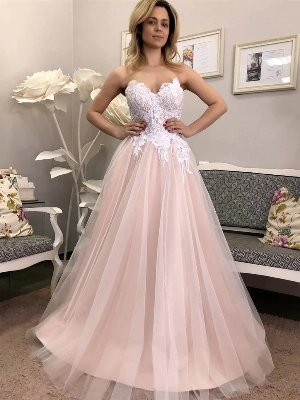 A-line Sweetheart Tulle Lace Formal Graduation Dresses Long Prom Dresses by BIZTUNNEL