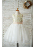 A-Line Tulle Sequined Sleeveless Jewel Neck Wedding Birthday Pageant Flower G… - photo 4