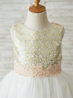 A-Line Tulle Sequined Sleeveless Jewel Neck Wedding Birthday Pageant Flower G… - photo 3