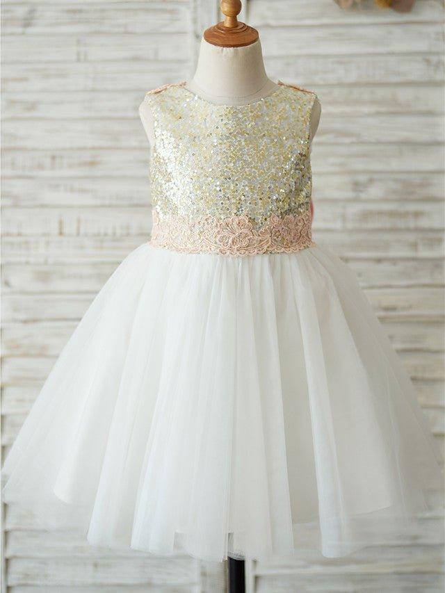 A-Line Tulle Sequined Sleeveless Jewel Neck Wedding Birthday Pageant Flower G… - photo 1