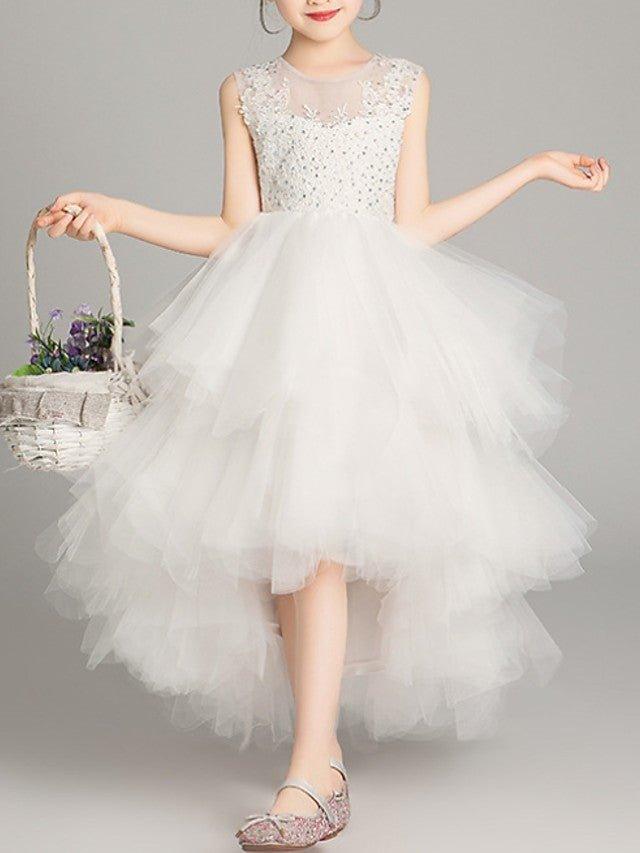 A-Line Tulle Sleeveless Jewel Neck Asymmetrical Pageant Flower Girl Dresses - photo 1