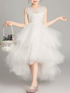 A-Line Tulle Sleeveless Jewel Neck Asymmetrical Pageant Flower Girl Dresses - photo 1