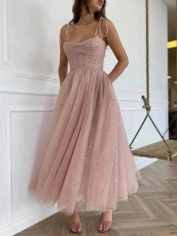 A-Line Tulle Spaghetti Straps Short Prom Dresses with Pockets by BIZTUNNEL