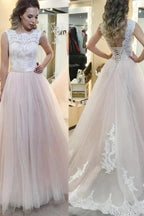 A-line Tulle Sweep Train Wedding Dress With Lace Applique WD180 by pgmdress