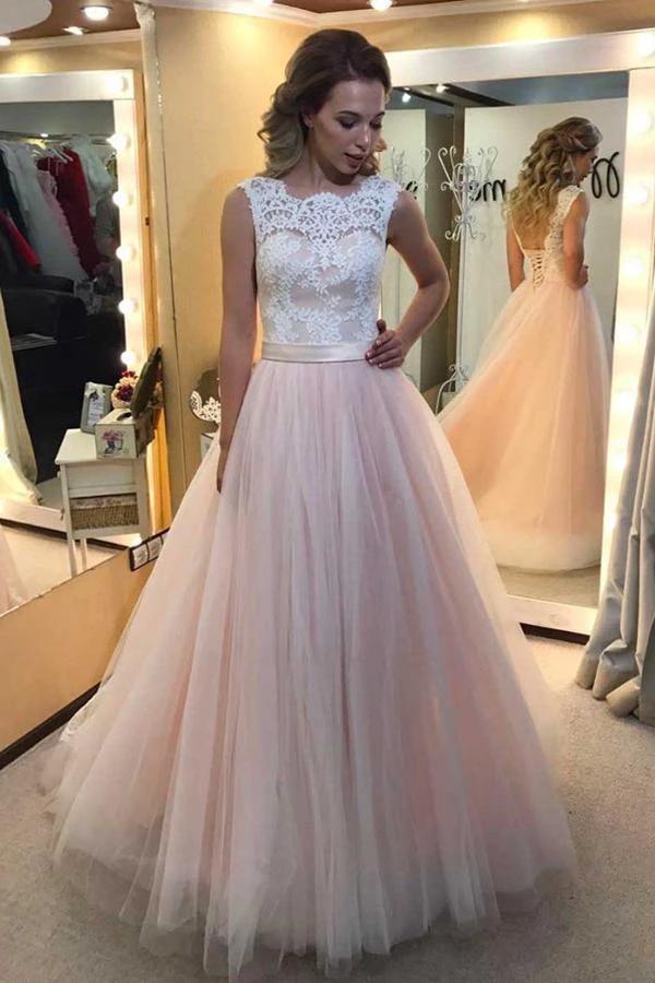 A-line Tulle Sweep Train Wedding Dress With Lace Applique WD180 by pgmdress