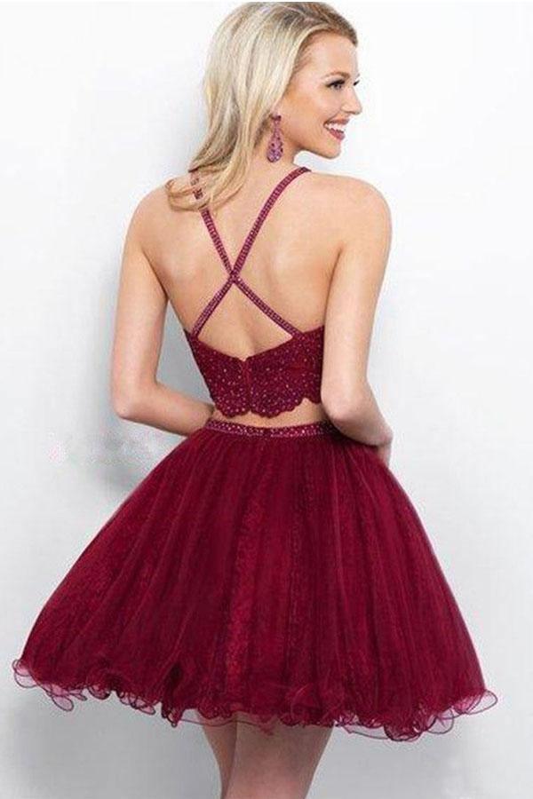 A Line Two Piece  Appliques Burgundy Short Homecoming Dresses with Beading  PD263 Main Image