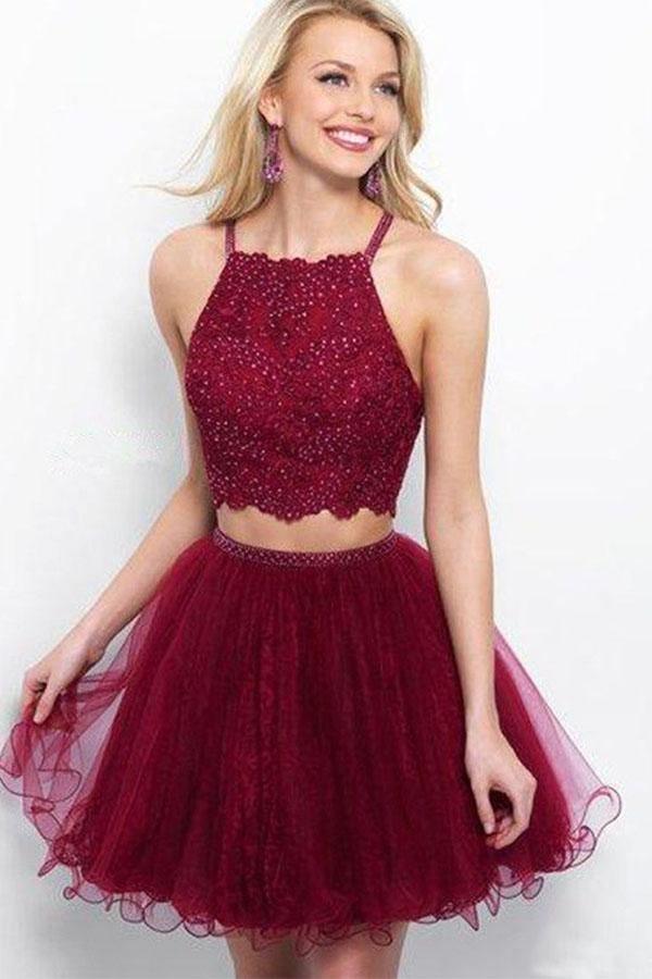 A Line Two Piece  Appliques Burgundy Short Homecoming Dresses with Beading  PD263 Hover Image