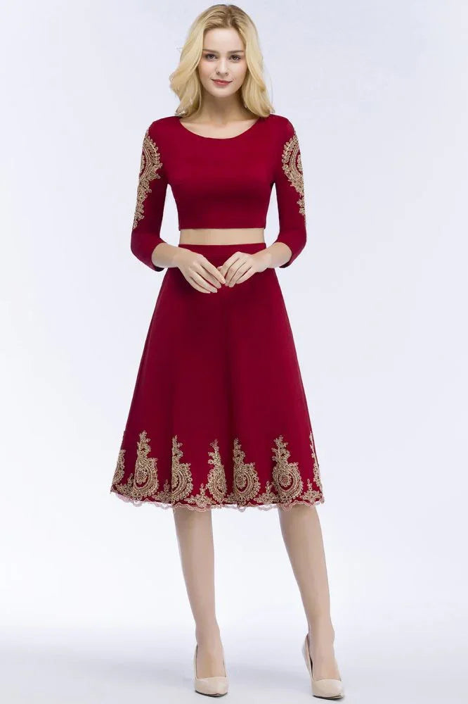 Vestidos de fiesta de dos piezas, corte A, talla grande, largo hasta la rodilla, mangas largas, apliques