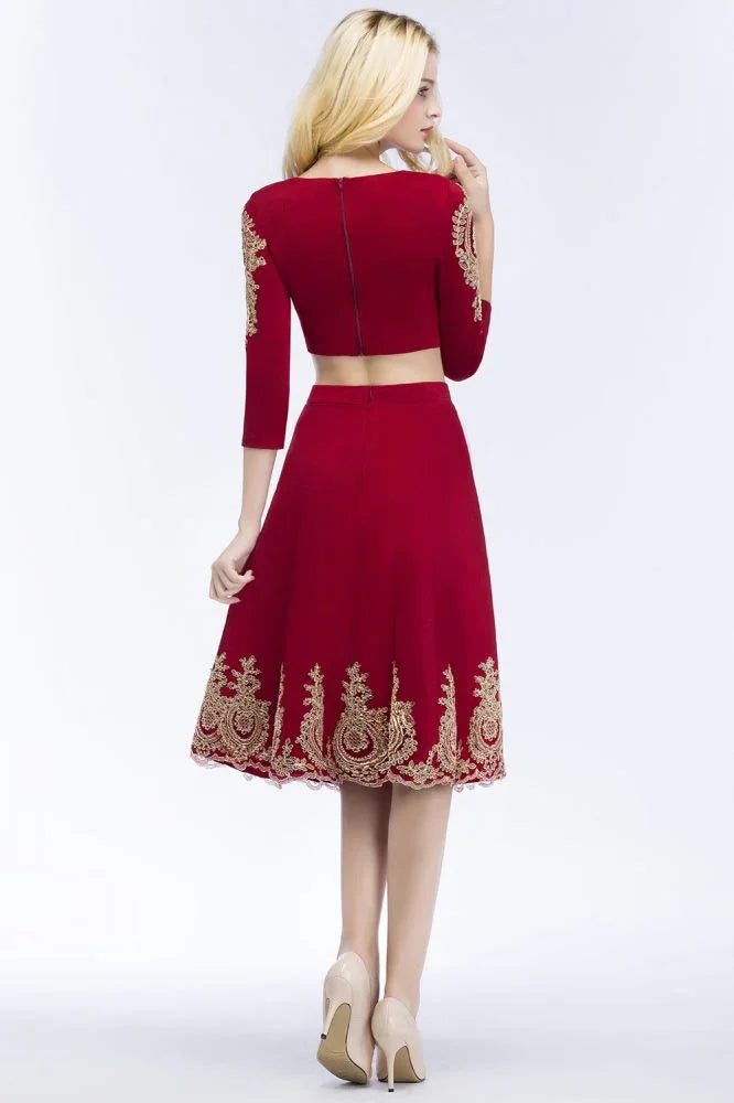 Vestidos de fiesta de dos piezas, corte A, talla grande, largo hasta la rodilla, mangas largas, apliques