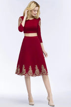 Abito da cerimonia a due pezzi linea a trapezio taglia forte, lunghezza tè, maniche lunghe, con applicazioni