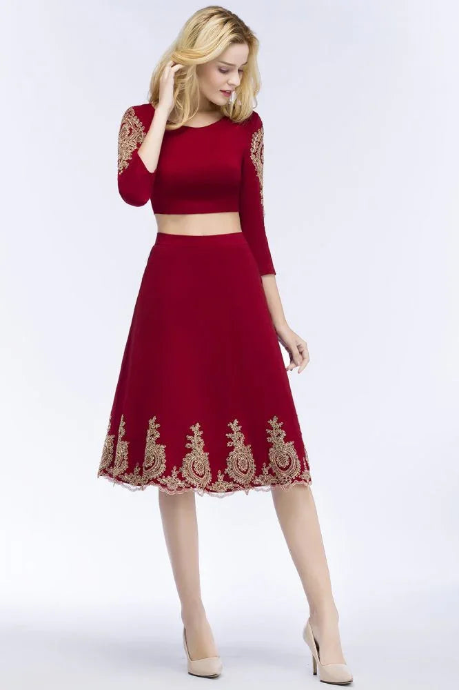 Vestidos de fiesta de dos piezas, corte A, talla grande, largo hasta la rodilla, mangas largas, apliques