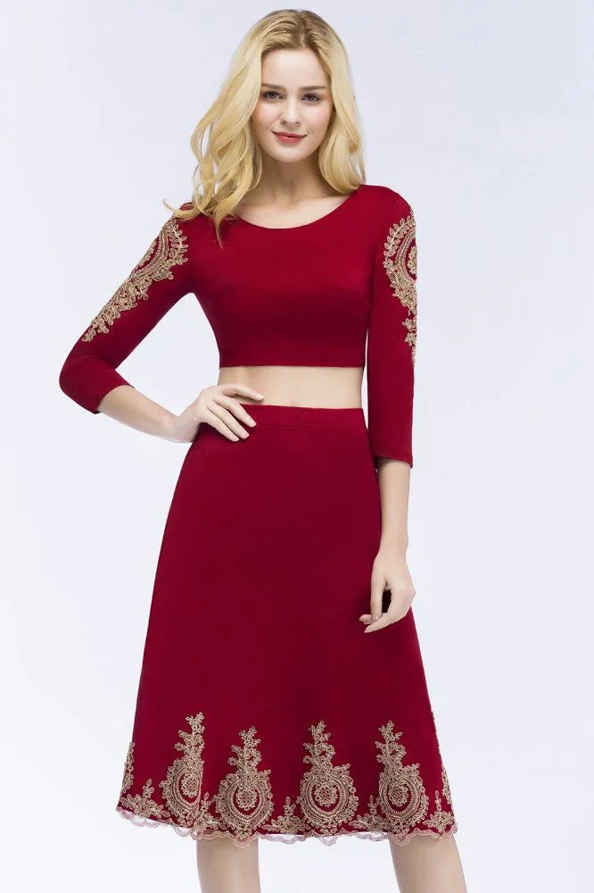 Abito da cerimonia a due pezzi linea a trapezio taglia forte, lunghezza tè, maniche lunghe, con applicazioni