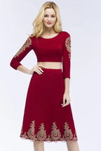 Abito da cerimonia a due pezzi linea a trapezio taglia forte, lunghezza tè, maniche lunghe, con applicazioni