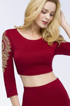 Abito da cerimonia a due pezzi linea a trapezio taglia forte, lunghezza tè, maniche lunghe, con applicazioni