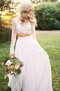 A Line Two Piece Round Neck Long Sleeves Lace Beach Wedding Dresses WD463 by pgmdress