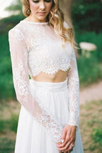A Line Two Piece Round Neck Long Sleeves Lace Beach Wedding Dresses WD463 by pgmdress
