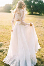 A Line Two Piece Round Neck Long Sleeves Lace Beach Wedding Dresses WD463 by pgmdress