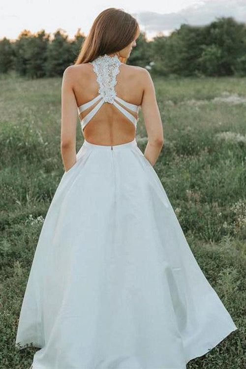 A Line Two Pieces Lace White Wedding Dresses With Pockets WD403 by pgmdress