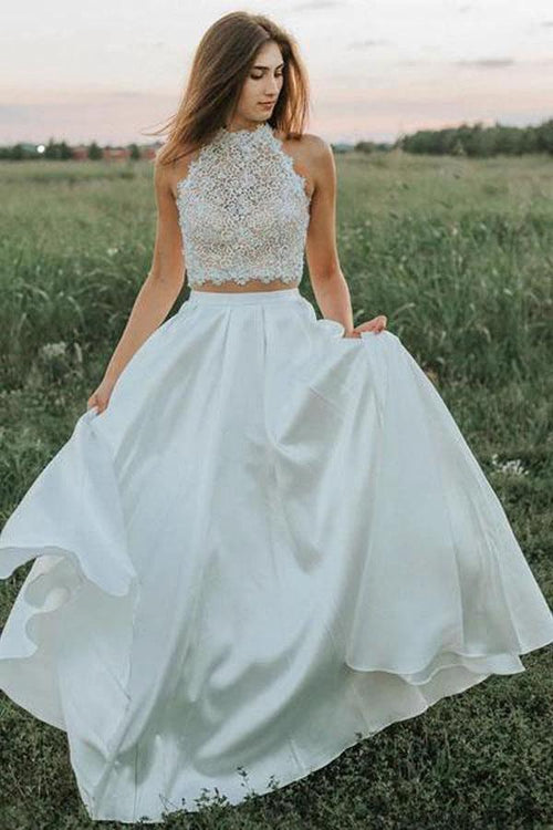 A Line Two Pieces Lace White Wedding Dresses With Pockets WD403 by pgmdress