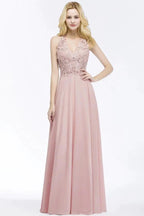 A-line V-neck Appliques Chiffon Evening Maxi Dresses Sleeveless Bridesmaid Dress by misshow.com