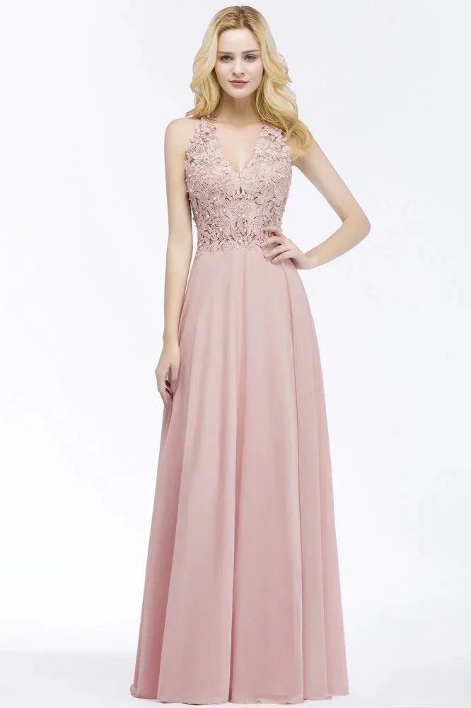 A-line V-neck Appliques Chiffon Evening Maxi Dresses Sleeveless Bridesmaid Dress by misshow.com