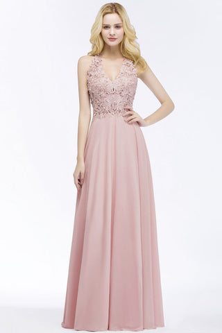 Vestido largo de noche de gasa con escote en V y apliques de línea A para dama de honor sin mangas