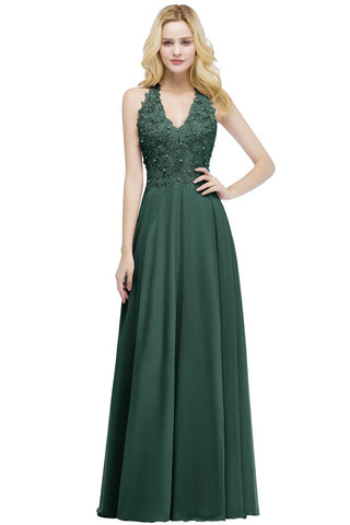 Vestido largo de noche de gasa con escote en V y apliques de línea A para dama de honor sin mangas