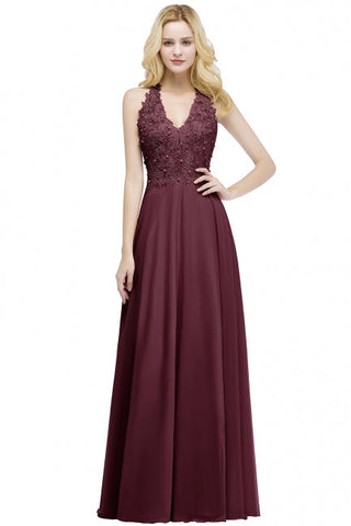 Vestido largo de noche de gasa con escote en V y apliques de línea A para dama de honor sin mangas