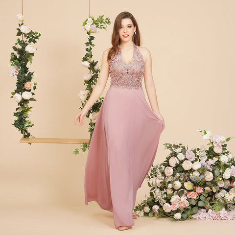 Vestido largo de noche de gasa con escote en V y apliques de línea A para dama de honor sin mangas