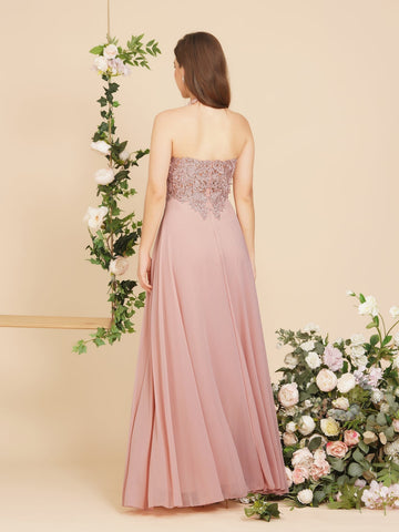 Vestido largo de noche de gasa con escote en V y apliques de línea A para dama de honor sin mangas