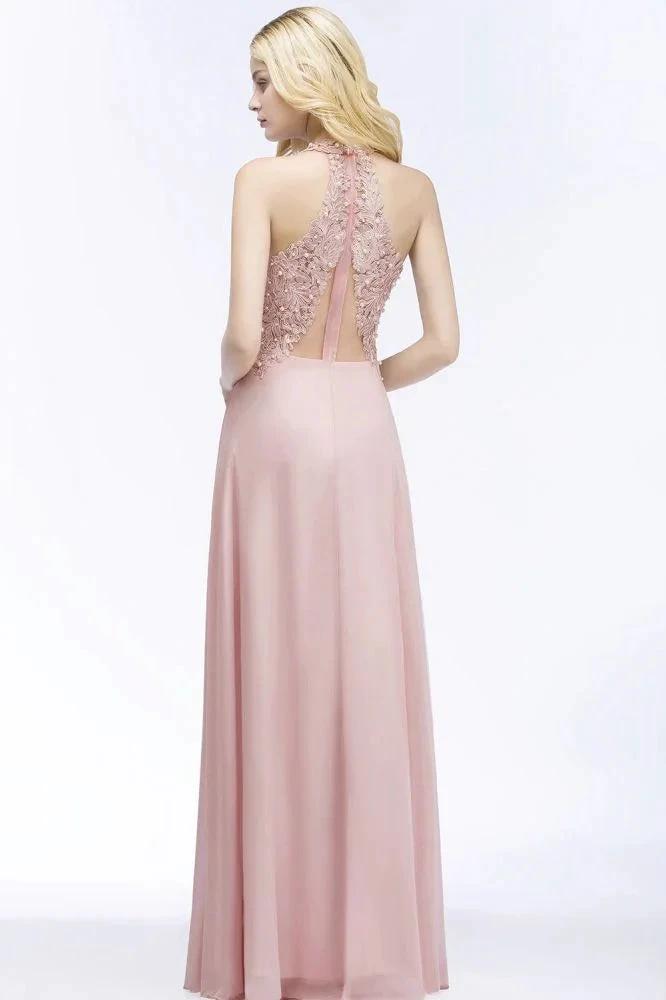 A-line V-neck Appliques Chiffon Evening Maxi Dresses Sleeveless Bridesmaid Dress by misshow.com