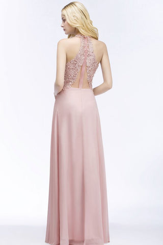 Vestido largo de noche de gasa con escote en V y apliques de línea A para dama de honor sin mangas