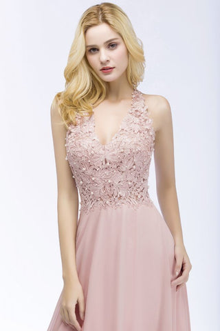 Vestido largo de noche de gasa con escote en V y apliques de línea A para dama de honor sin mangas