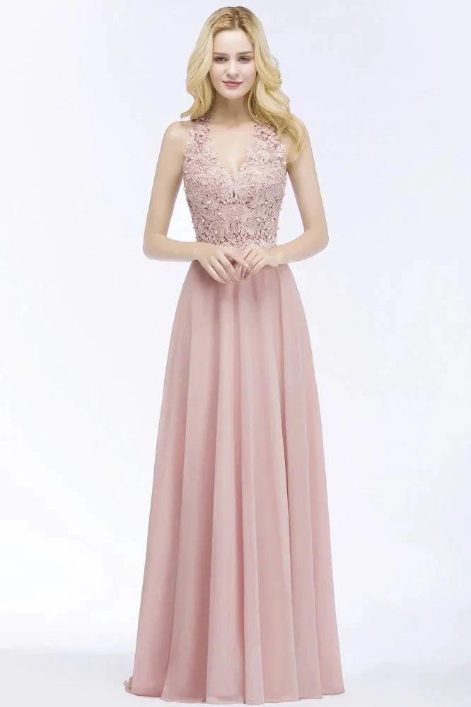 A-line V-neck Appliques Chiffon Evening Maxi Dresses Sleeveless Bridesmaid Dress by misshow.com