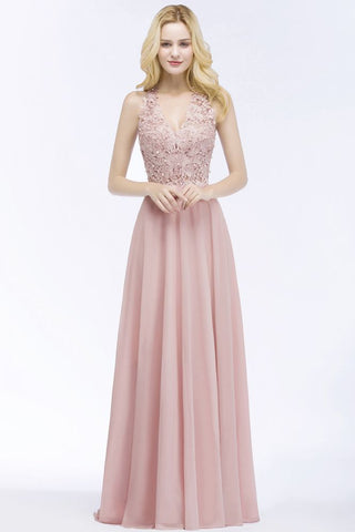 Vestido largo de noche de gasa con escote en V y apliques de línea A para dama de honor sin mangas