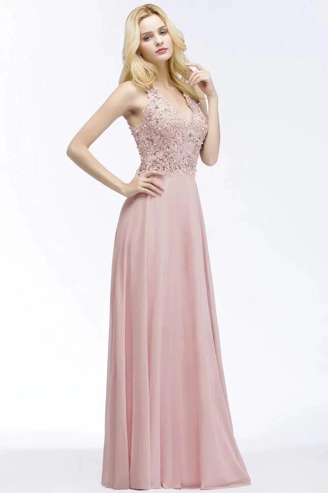 A-line V-neck Appliques Chiffon Evening Maxi Dresses Sleeveless Bridesmaid Dress by misshow.com