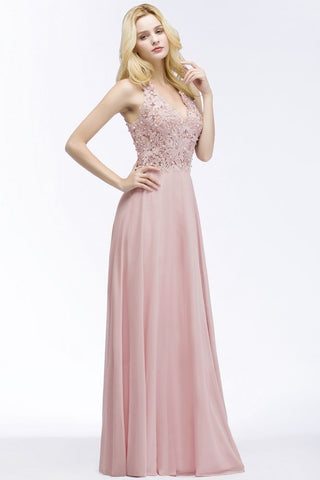 Vestido largo de noche de gasa con escote en V y apliques de línea A para dama de honor sin mangas