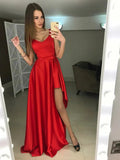 A Line V Neck Asymmetry Floor Length Satin Prom Dresses Formal Evening Graduation Gowns by BIZTUNNEL