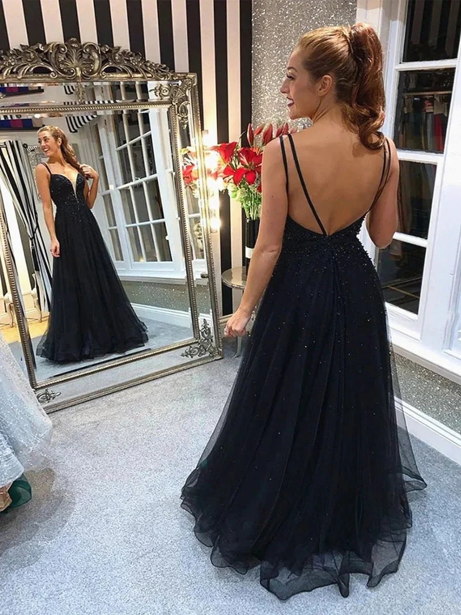 A Line V Neck Backless Beaded Black Long Prom Formal Graduation Evening Dresses by BIZTUNNEL