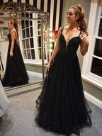 A Line V Neck Backless Beaded Black Long Prom Formal Graduation Evening Dresses by BIZTUNNEL